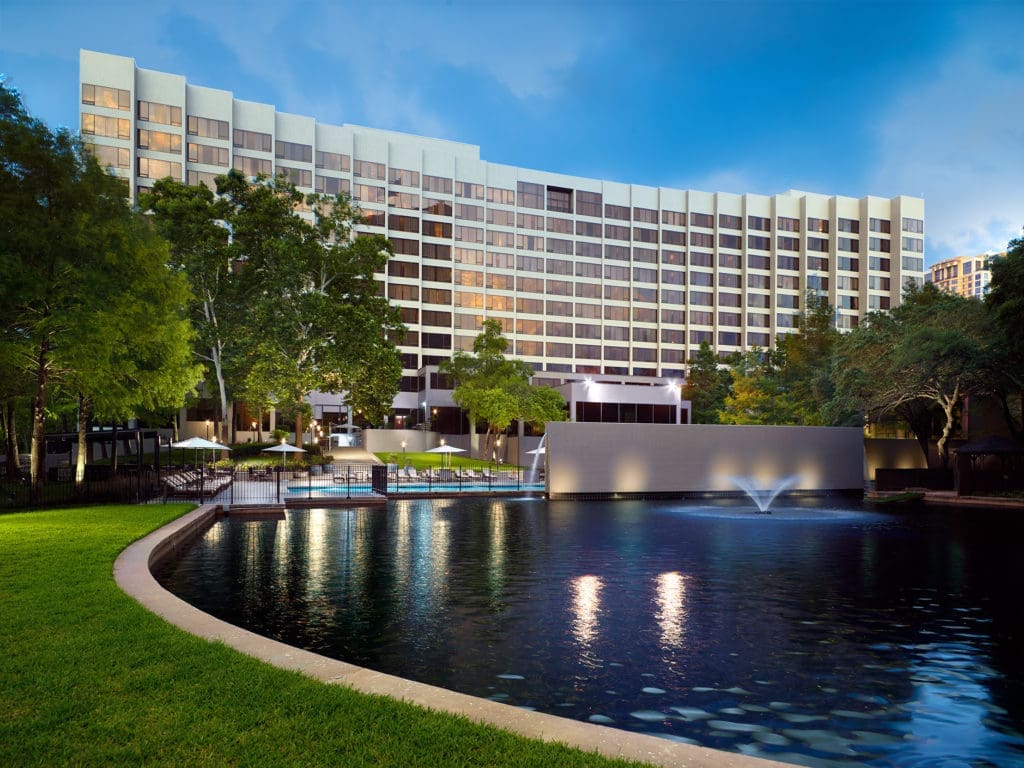 The Omni Houston Hotel at twilight.