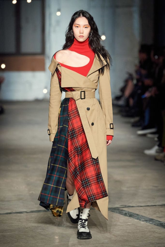 Monse plaid twisted trench, kidney bean cut-out knit. (Photo by Imaxtree)