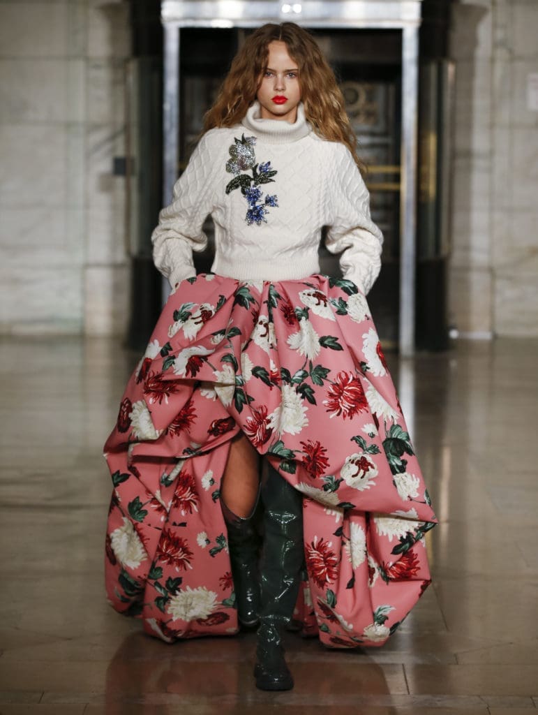 Oscar de la Renta cable knit turtleneck sweater, printed faille gown. (Photo courtesy of Oscar de la Renta)
