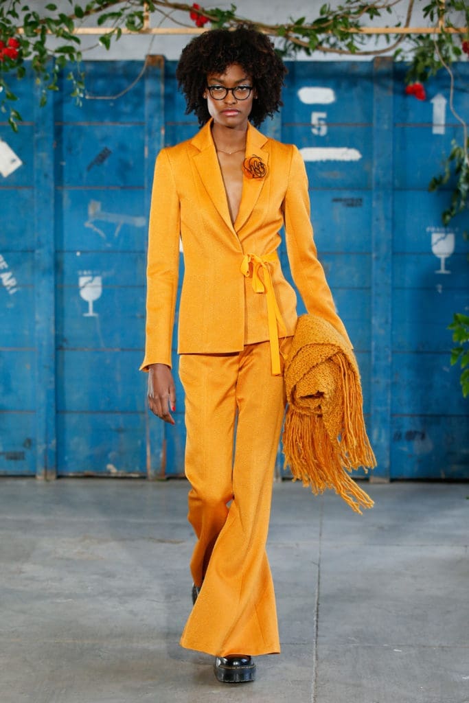 Jonathan Cohen bell bottom pantsuit made from Econyl nylon yarn. (Photo by Dan Lecca)