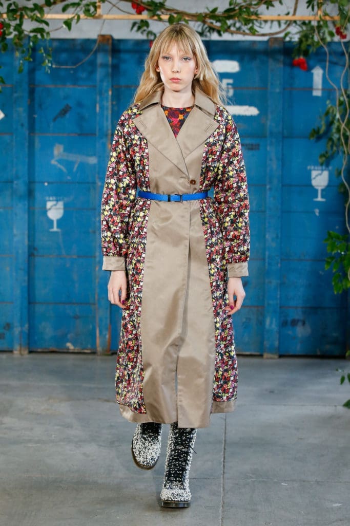 Trench coat with repurposed floral fabric from Jonathan Cohen's The Studio collection. (Photo by Dan Lecca)