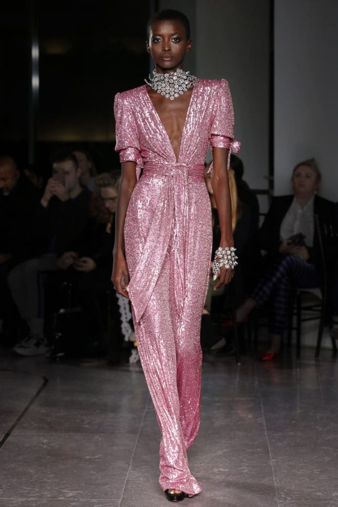 Naeem Khan pink sequined V-neck gown with padded shoulders. (Photo by Dan and Corina Lecca)