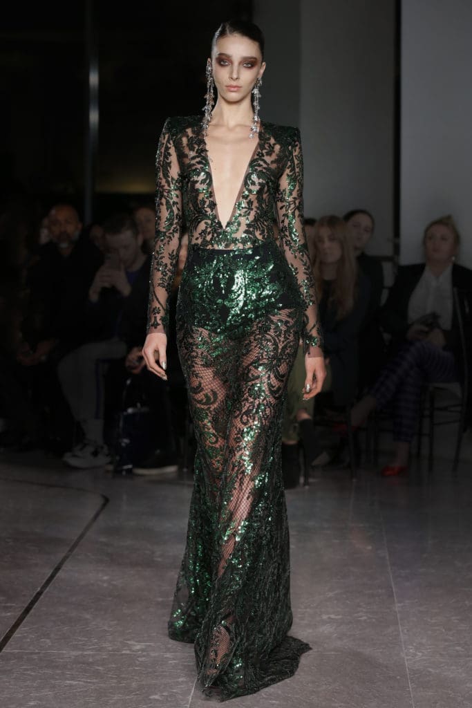 Naeem Khan sheer green V-neck sequined gown. (Photo by Dan and Corina Lecca)