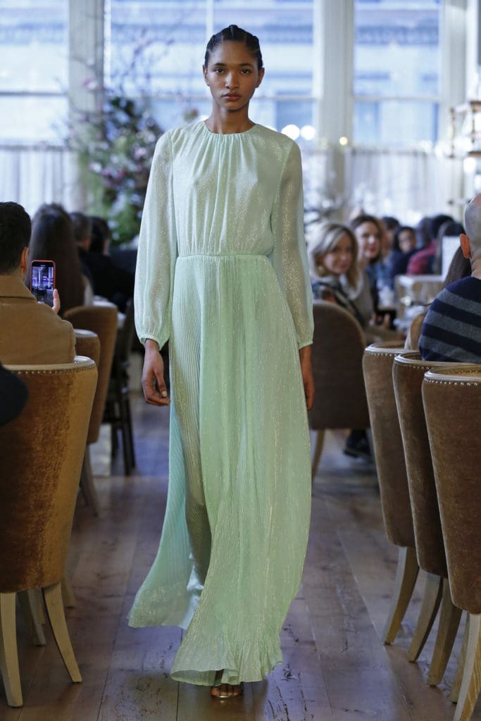 Adam Lippes mint silk chiffon with metallic jacquard pleated dress. (Photo by Dan Lecca) 
