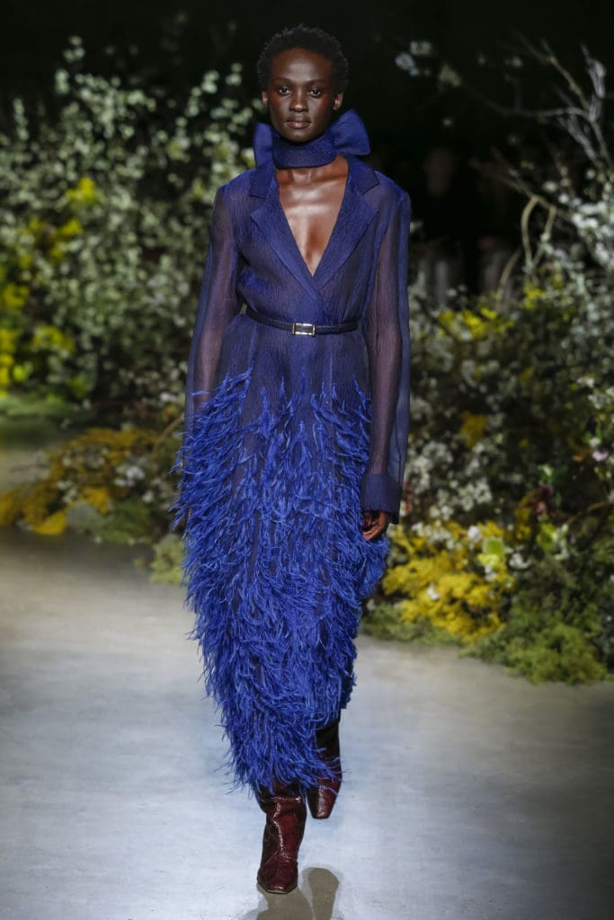 Jason Wu deep blue sheer dress with embroidered feathers. (Photo by Jason Wu)