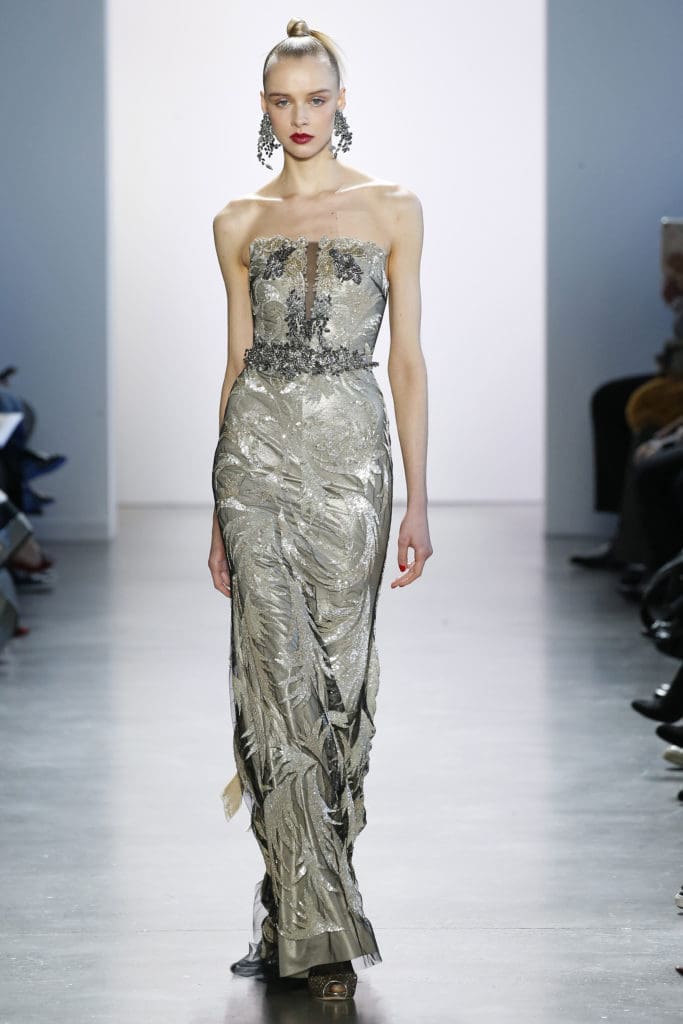 Badgley Mischka silver cocktail gown with beaded detail. Photo courtesy of Badgley Mischka)