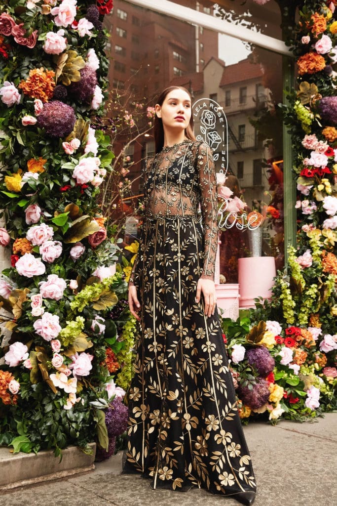 (Lela Rose gold vine-embroidered tulle overlay dress, matching bralette. (Photo by Taylor Jewell)