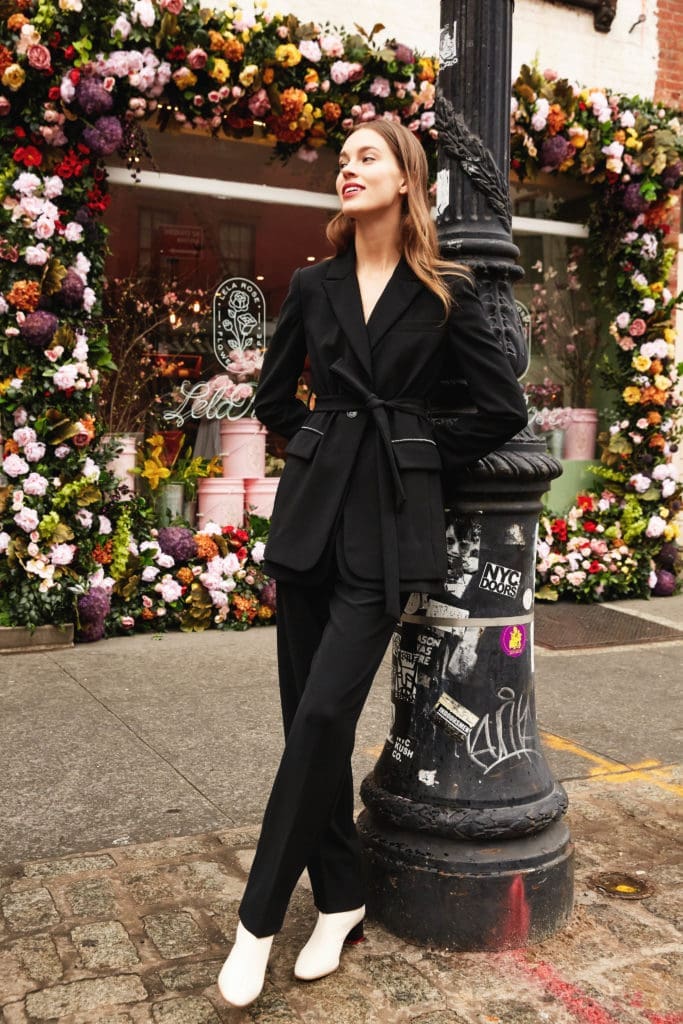 Lela Rose black crepe belted tuxedo with delicate crystal detailing. (Photo by Taylor Jewell)
