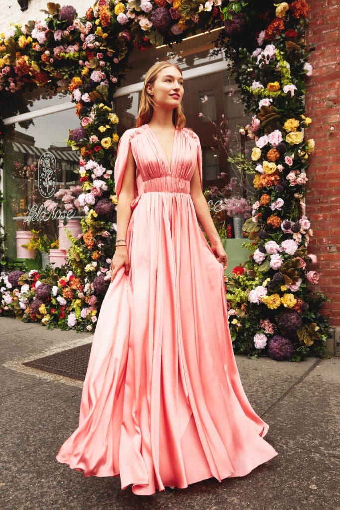 Lela Rose rose silk satin hand-draped gown. (Photo by Taylor Jewell)
