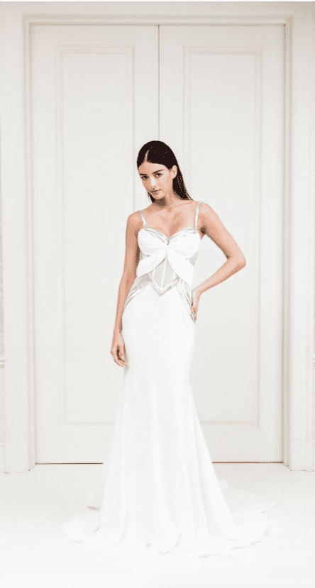 Cristina Ottaviano white corset criss-cross gown with silver beading. (Photo courtesy of Cristina Ottaviano)