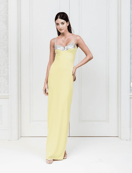 Cristina Ottaviano pistachio crepe gown with hand beaded embellishment and strap detailing. (Instagram: @cristinaottaviano)