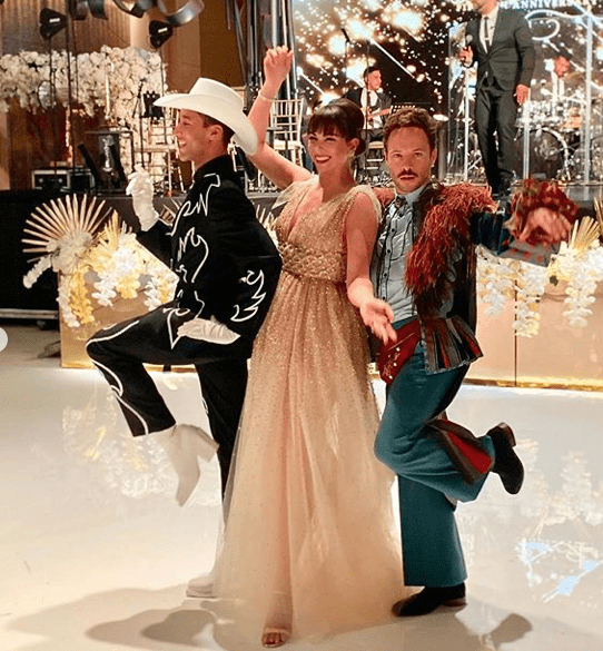 Houston Ballet soloist Harper Watters, Houston Ballet Ball chair Beth Zdeblick, Houston Ballet first soloist Oliver Haklowich kicking up their heels pre-pandemic at Wortham Theater Center. (Instagram photo)  