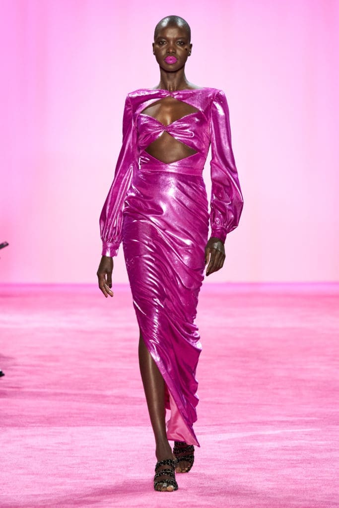 Christian Siriano orchid lacquered twist front cut-out column gown. (Photo courtesy of Imaxtree)