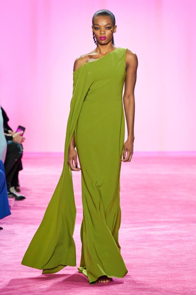 Christian Siriano "funhouse green" one-shoulder cape-sleeve gown. (Photo courtesy of Imaxtree)