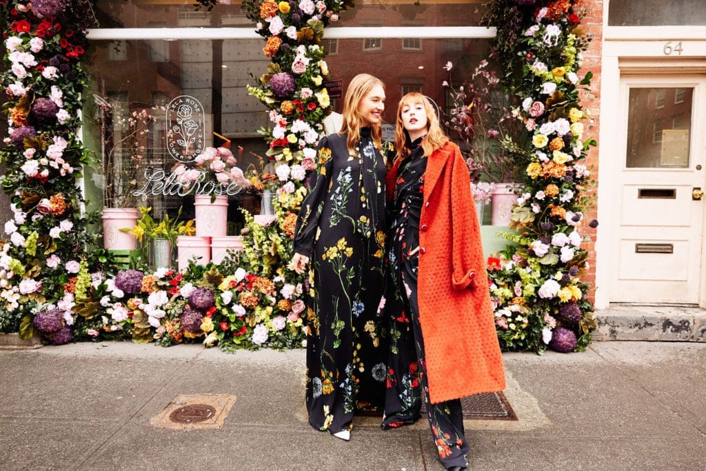 From left, Lela Rose botanical crepe floor-length dress with turban sleeve; botanical crepe button front dress with matching snood, botanical crepe pant, rust woven dot mohair coat. (Photo by Taylor Jewell)