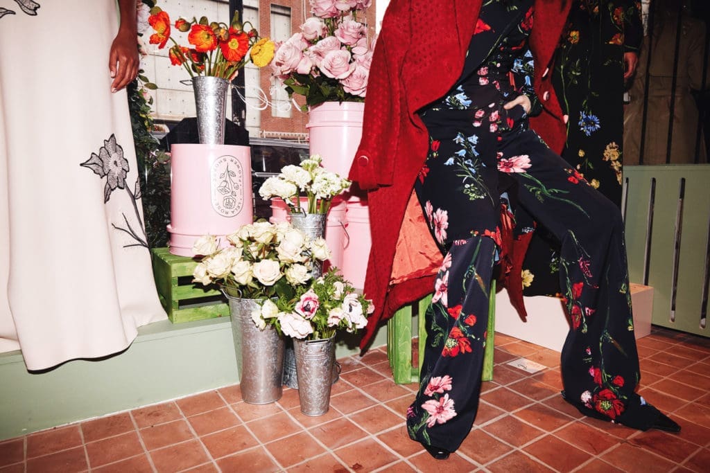 Lela Rose botanical crepe slacks fit right in with the flower shop theme. (Photo by Taylor Jewell)