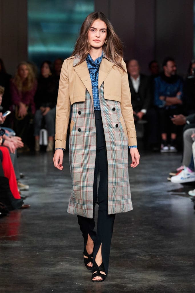 Veronica Beard Vestia blouse, Marika dickey trench coat, Jessamy pants, Aerin sandals. (Photo by Imaxtree)