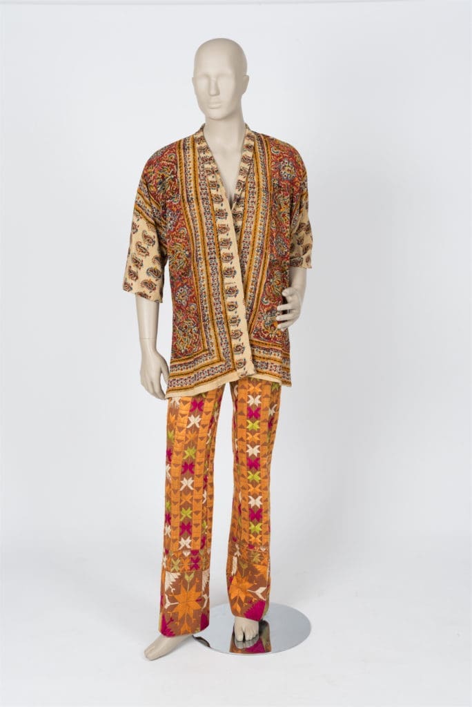 An Indian-inspired lounge jacket from the 1970s paired with '60s-era pants.  