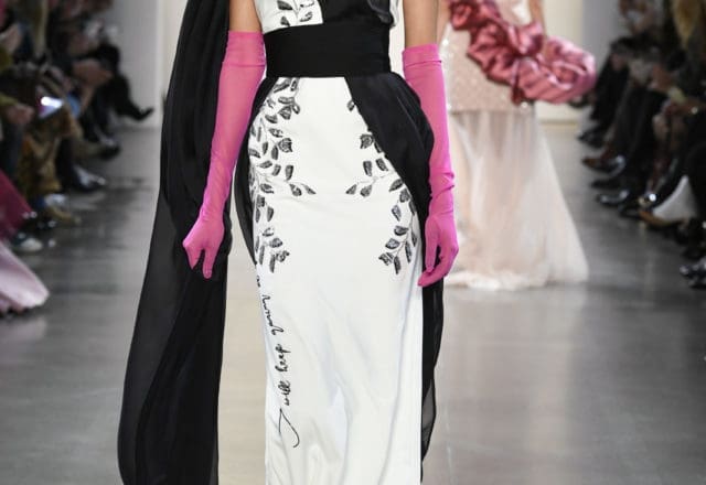 Bibhu Mohapatra ivory and onyx sari gown with black and silver gota embroidery. (Photo by Yannis Vlamos/Indigital.tv)