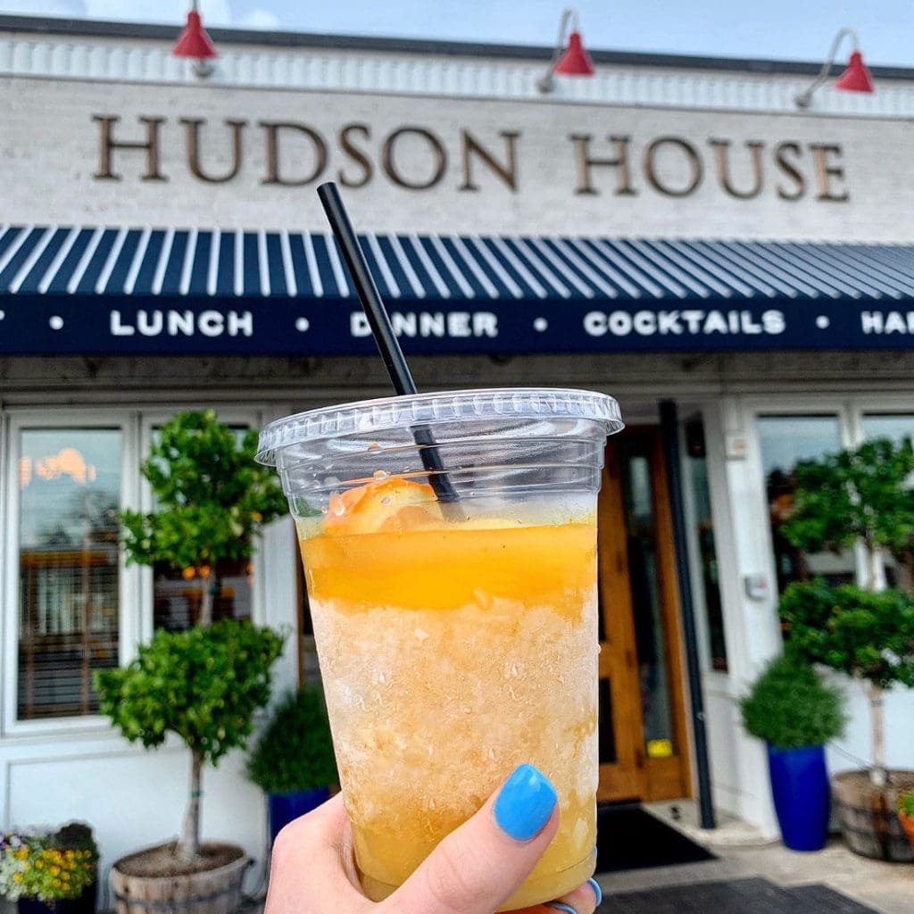 An exciting cocktail to-go, Hudson House is offering a Frozen Peach Bellini for $6 with food orders. (Courtesy of Hudson House)
