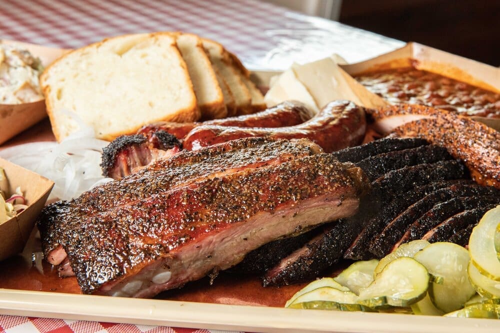 A tray brimming with Goldee's barbecue.