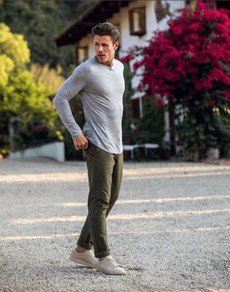 Charter Chino pants by Oliver in Japanese twill cotton $148 with Convoy T in 100 percent merino ($78) a nice alternative to PJs at the computer. 