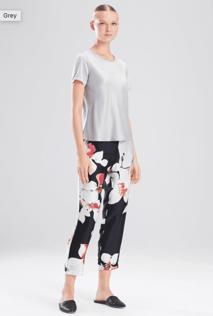Natori satin pants and short-sleeved top are a chic selection for working at home attire.