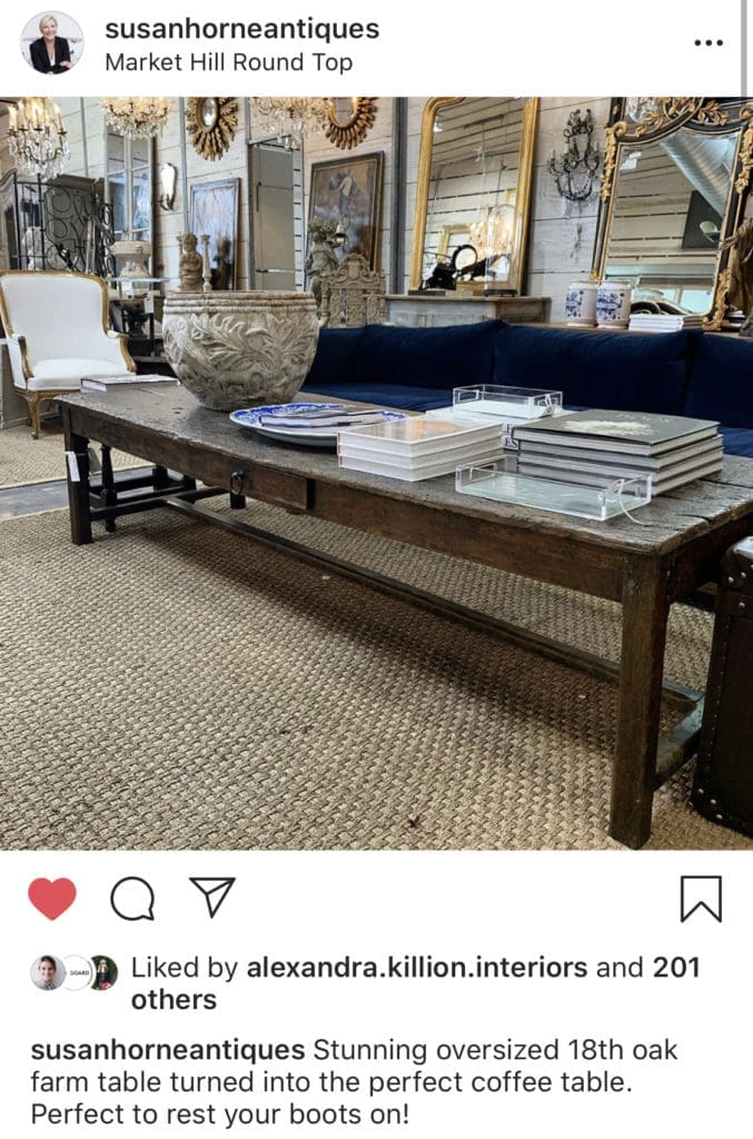 Susan Horne Antiques is sharing the inventory from the Round Top showroom at Market Hill on instagram.