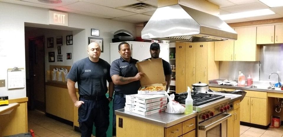 Firefighters appreciate free pizza from the Houston Astros.