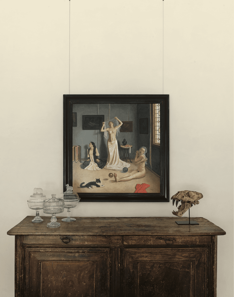 Lauren and Steve Kramer, published July/August 2016. Interior Design Cherry Curlet. Photographed by Jack Thompson. In art collectors Lauren and Steve Kramer’s Memorial-area home, French buffet from Chateau Domingue. Covered glass-footed compotes. Saber-toothed tiger skull lends a note of Surrealism, as does the painting by Dan Griggs, a respected New Mexico artist.  