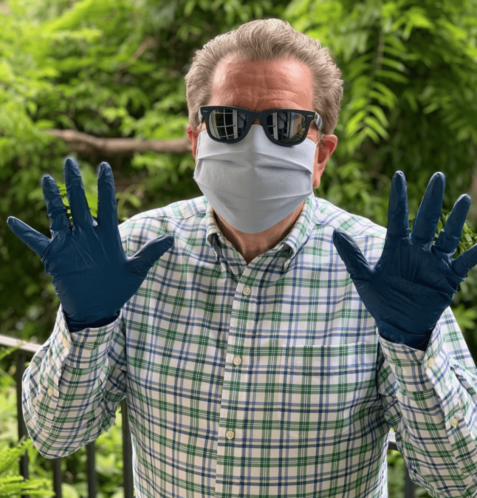 Interior designer Bill Stubbs covers up for stepping out during the COVID-19 pandemic.