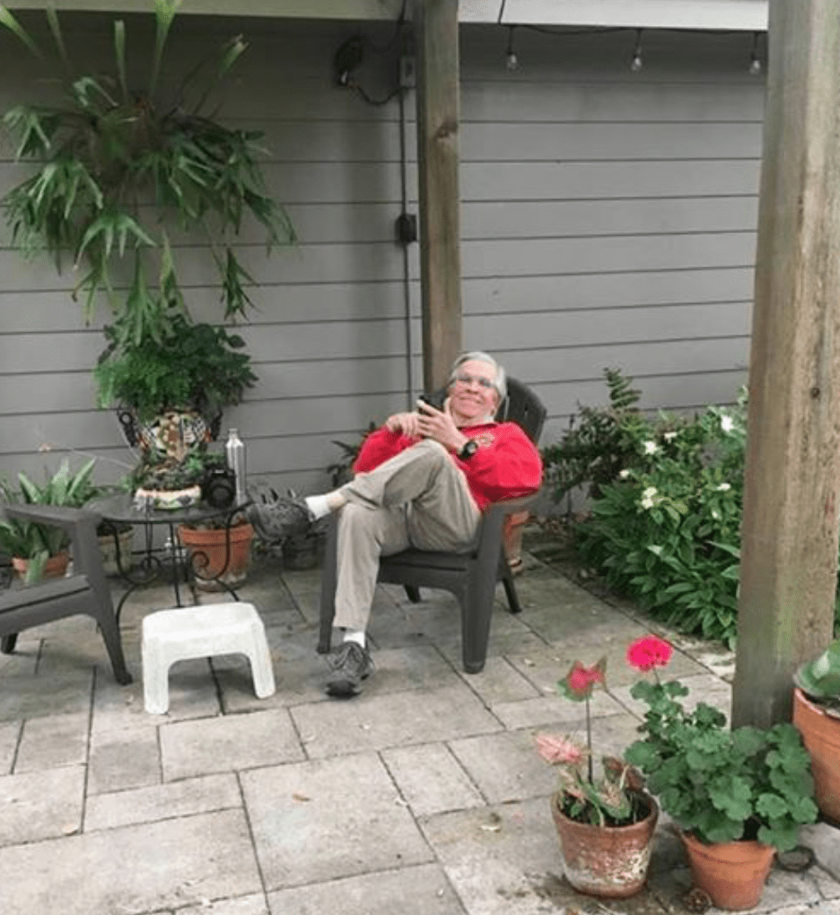 Len Kowitz, Shelby Hodge's brother-in-law, relaxing in his garden during the pandemic situation.