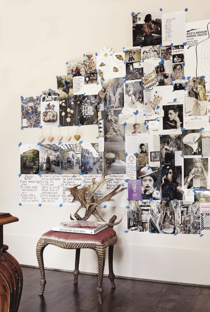 Tonya Riner, published February 2015. Interior design Lucinda Loya. Photographed by Casey Dunn. In beauty entrepreneur and makeup artist Tonya Riner’s Memorial-area home is an inspiration wall that includes a Vogue tearsheet that inspired the color palette for her home, as well as notes from friends, quotes, and photographs. Horn chair was a Round Top find, reupholstered in Kravet velvet. 