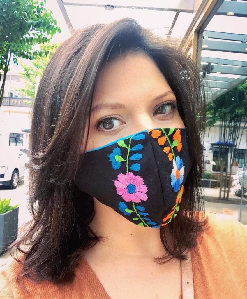 Aubrie Layne's designer face masks are so colorful and fun as to vie with the eyes for attention.