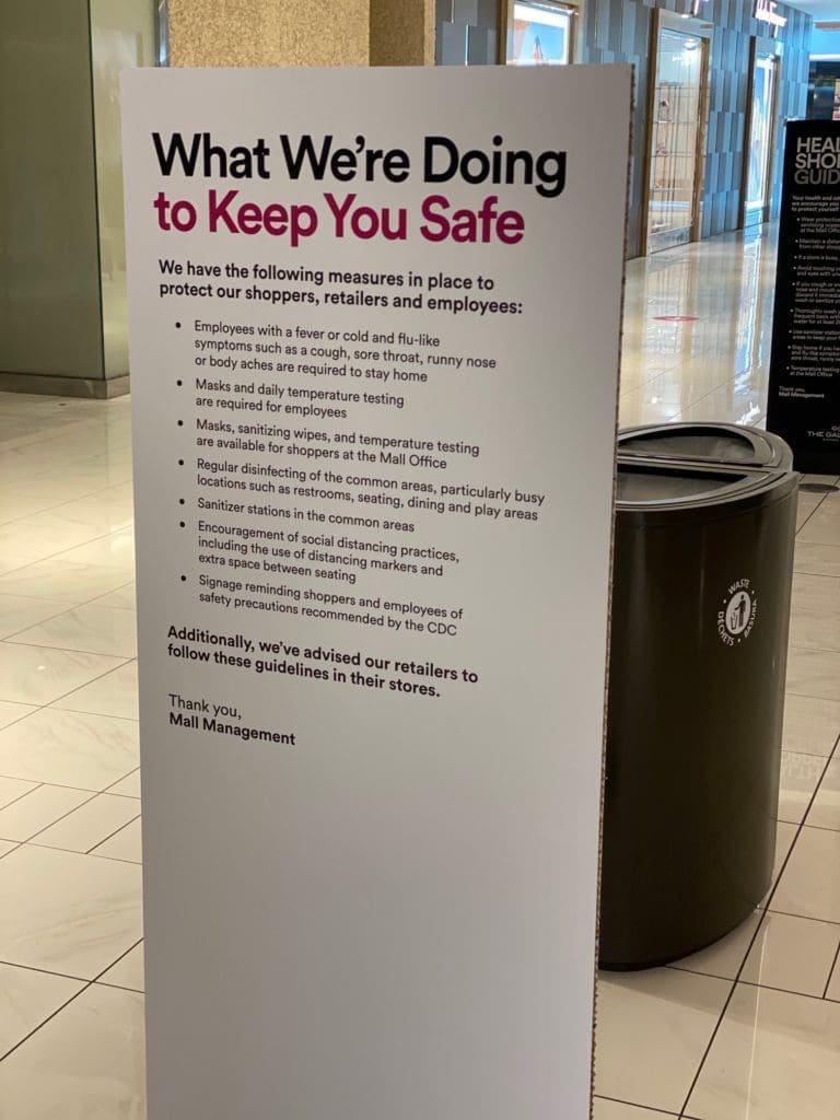 Shoppers are reminded of the steps The Galleria is taking to mitigate exposure to COVID-19. (Photo by Shelby Hodge)