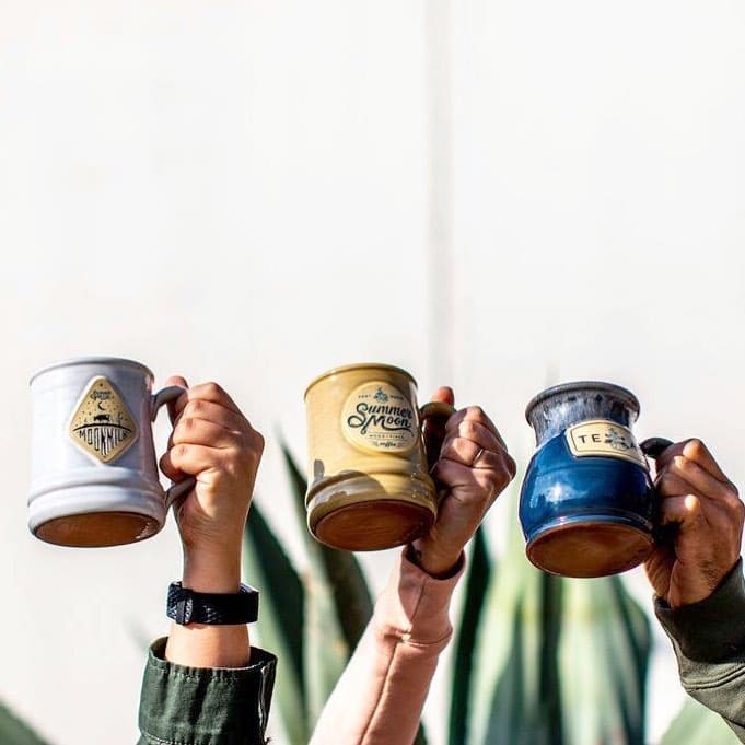 Take home Summer Moon fire roasted coffee beans and these mugs to home brew.