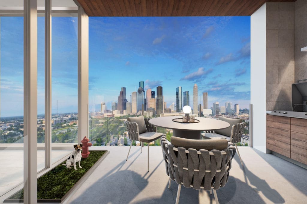 While Buffalo Bayou is home to Houston’s largest dog park, The Allen has incorporated an innovative system to provide live grass on each home's terrace.