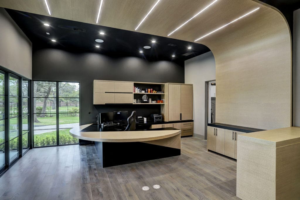 The ultra modern home office is made to the specifications of the owner. (Photo courtesy of Frankel Building Group)
