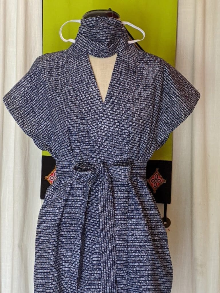 Kimono Zulu reimagined vintage indigo-print sleeveless yukata with matching mask and belt