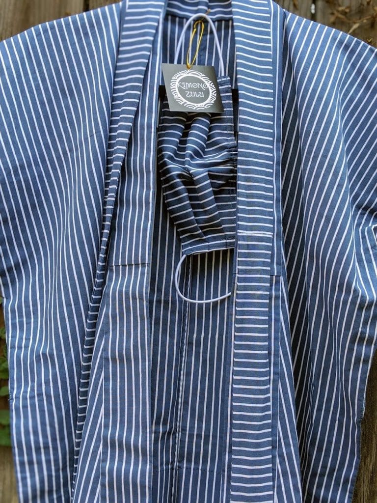 Blue reimagined sleeveless yukata with matching belt and mask from Kimono Zulu — perfect for Father's Day gifting
