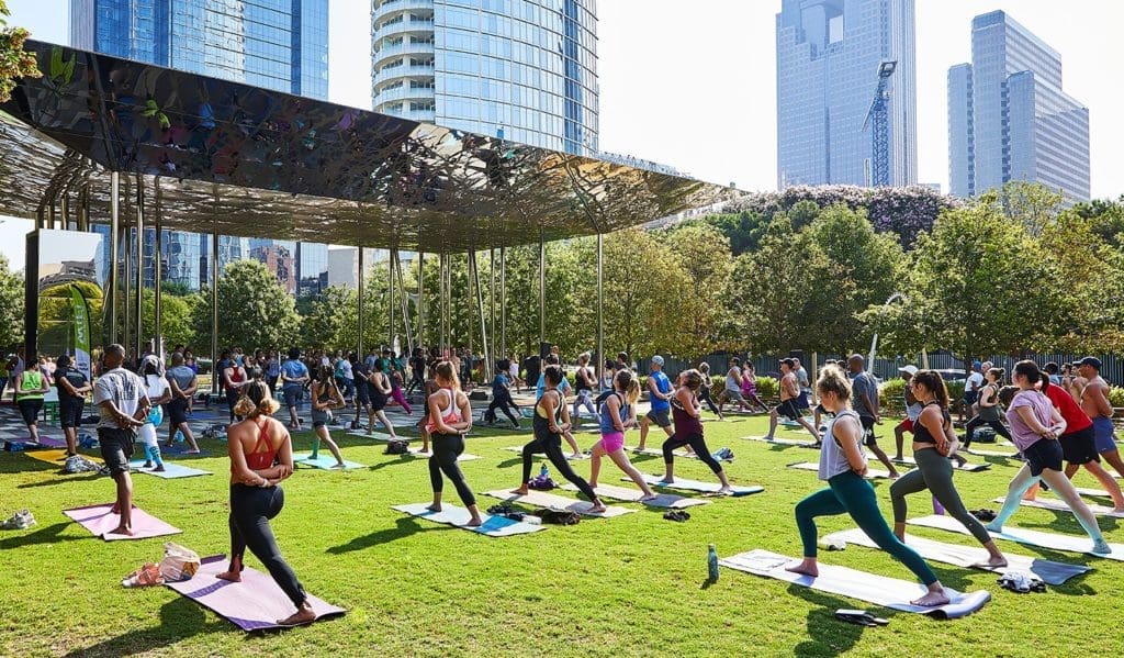 Head to Klyde Warren Park on Saturday morning for a socially distanced yoga, bootcamp, or meditation class. (Courtesy of Klyde Warren)