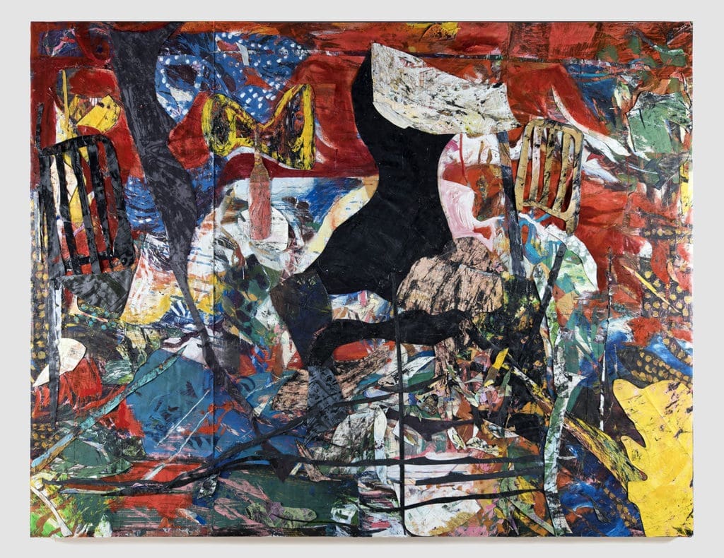 Angel Otero's "Red Velvet," 2019, oil paint and fabric collaged on canvas, courtesy Lehmann Maupin Gallery