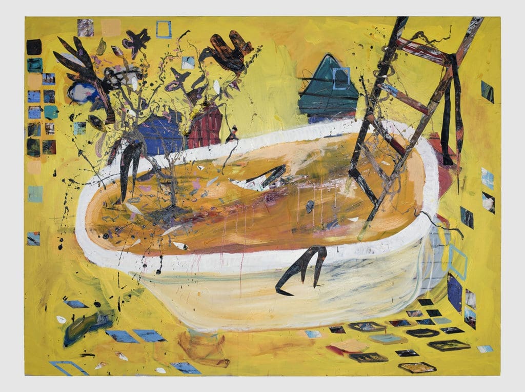 Angel Otero's "Painter's Bath," 2019, oil paint and fabric collaged on canvas, courtesy Lehmann Maupin 