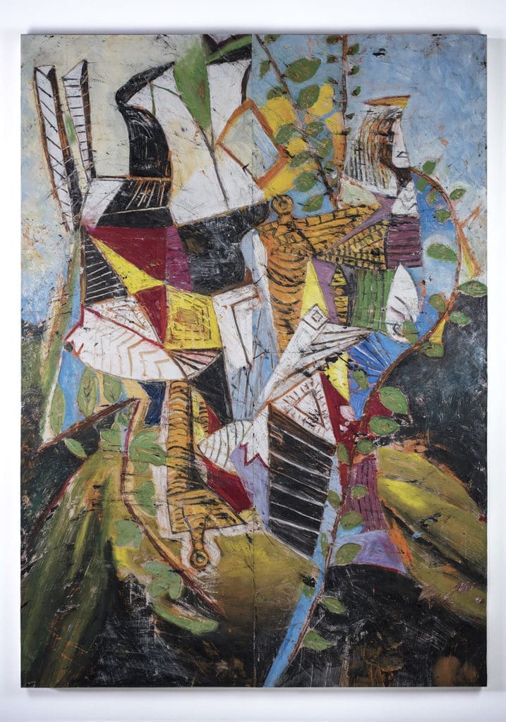 Angel Otero's "Gemini," 2019, oil paint and fabric collaged on canvas, courtesy Lehmann Maupin 