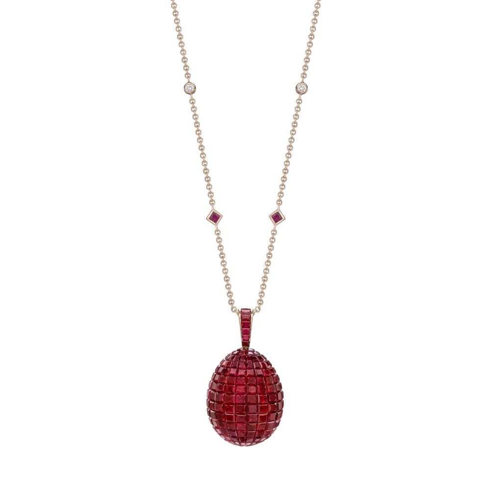 Mosaic ruby pendant features invisibly-set princess cut Mozambican rubies set in 18 karat rose gold.