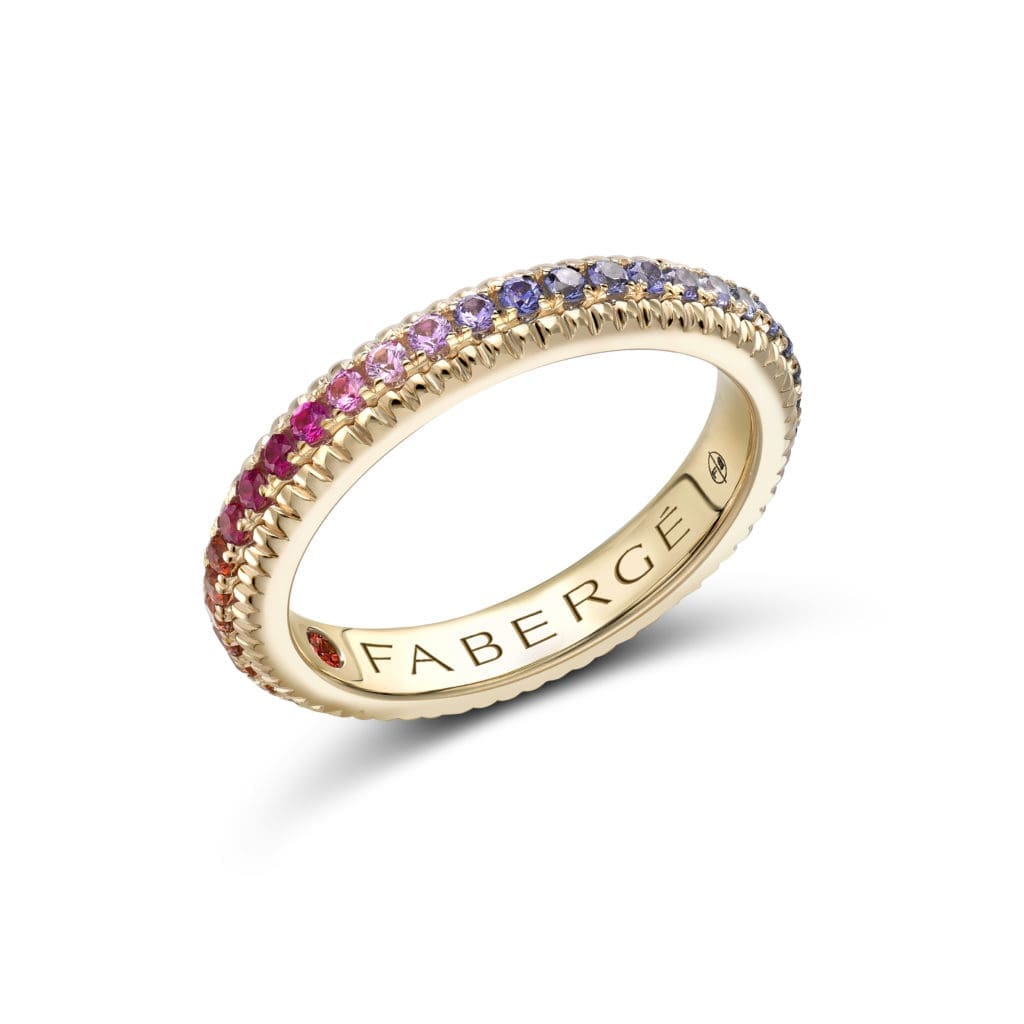 The yellow gold rainbow Sapphire, Tsavorite & Diamond set fluted band ring.