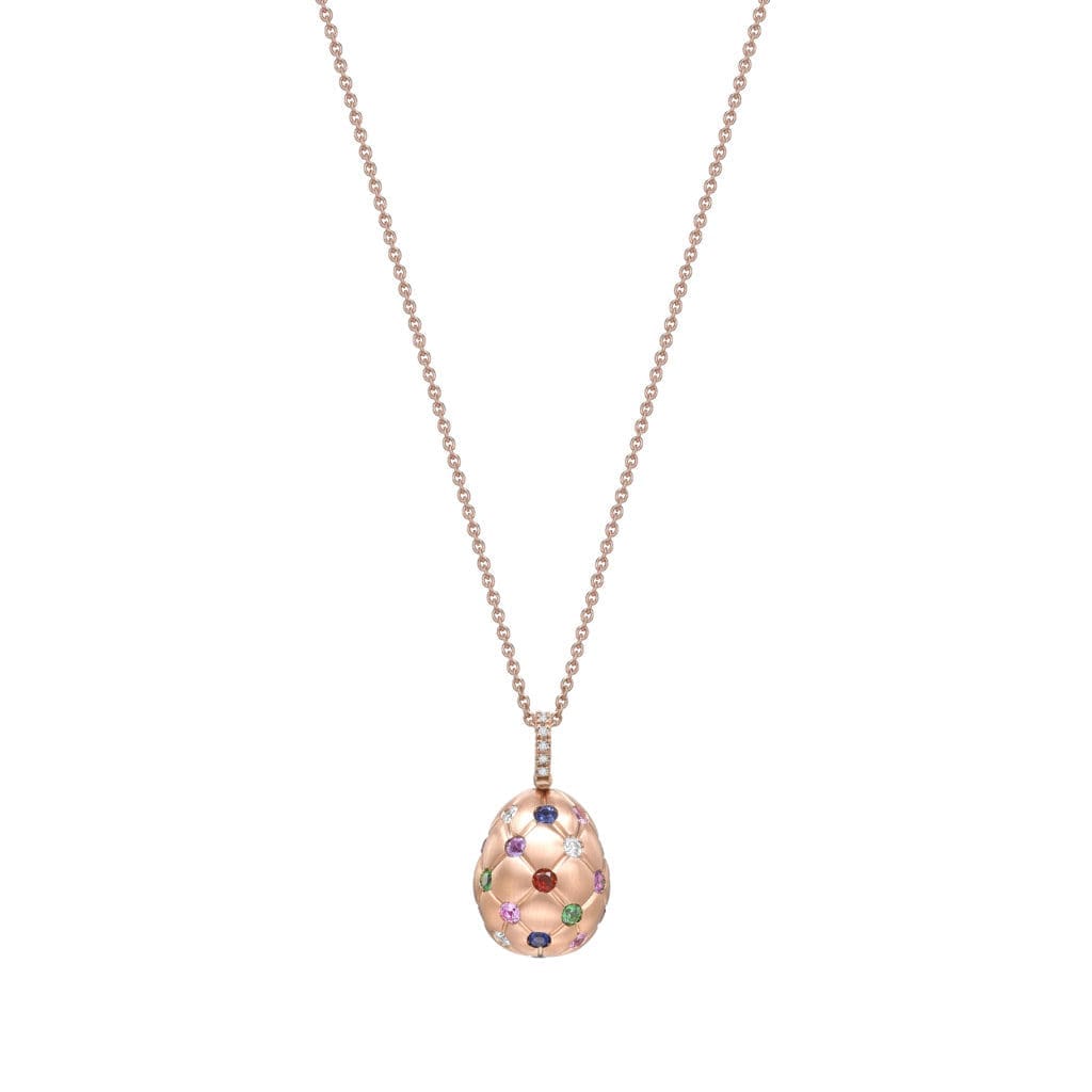 Faberge – Treillage Multi-coloured Rose Gold Pendant features round white diamonds, rubies, amethysts, pink and blue sapphires, tsavorites and fire opals, set in 18 karat brushed rose gold.