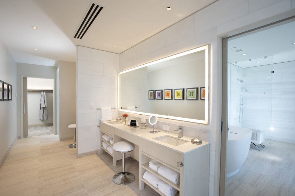The bathroom of The Grand Finale suite in the Hall Arts Hotel.   (Photo by Robert Tsai)