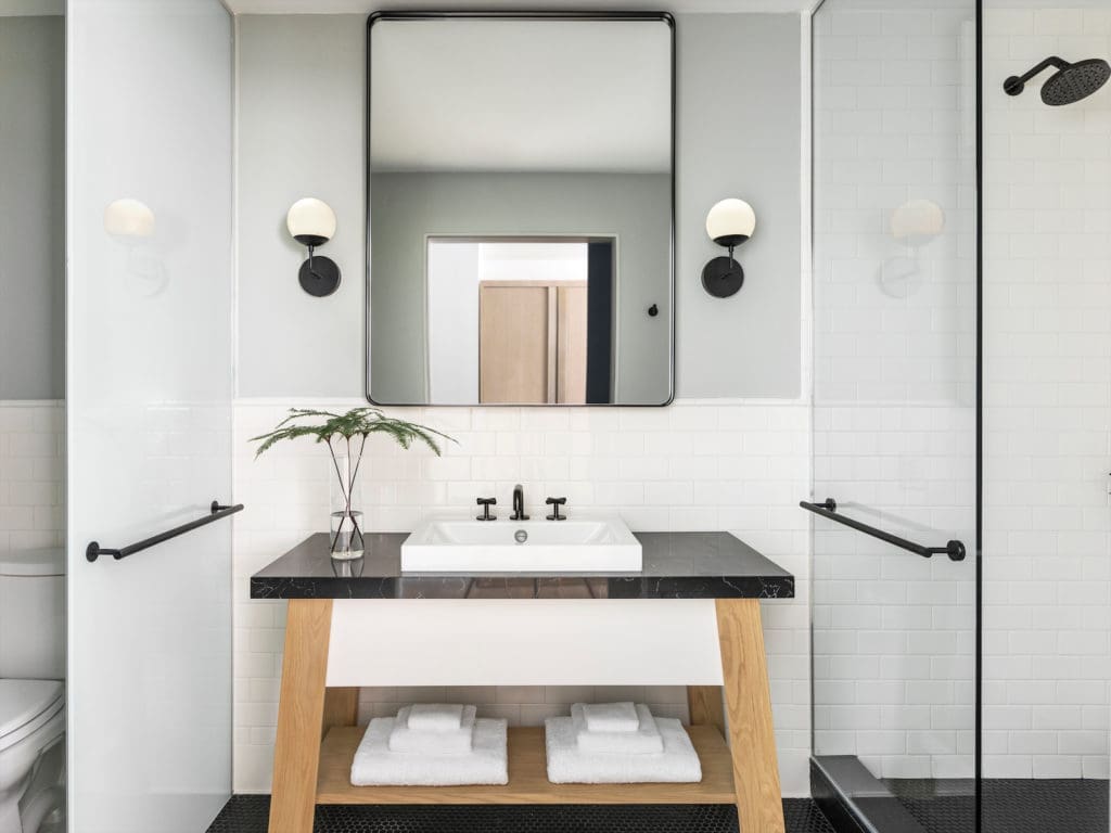 A mix of subway tile, marble, and wood are some of the modern accents you'll see incorporated into the historic Knights of Pythias Temple.  (Photo by Laurie Joliet)