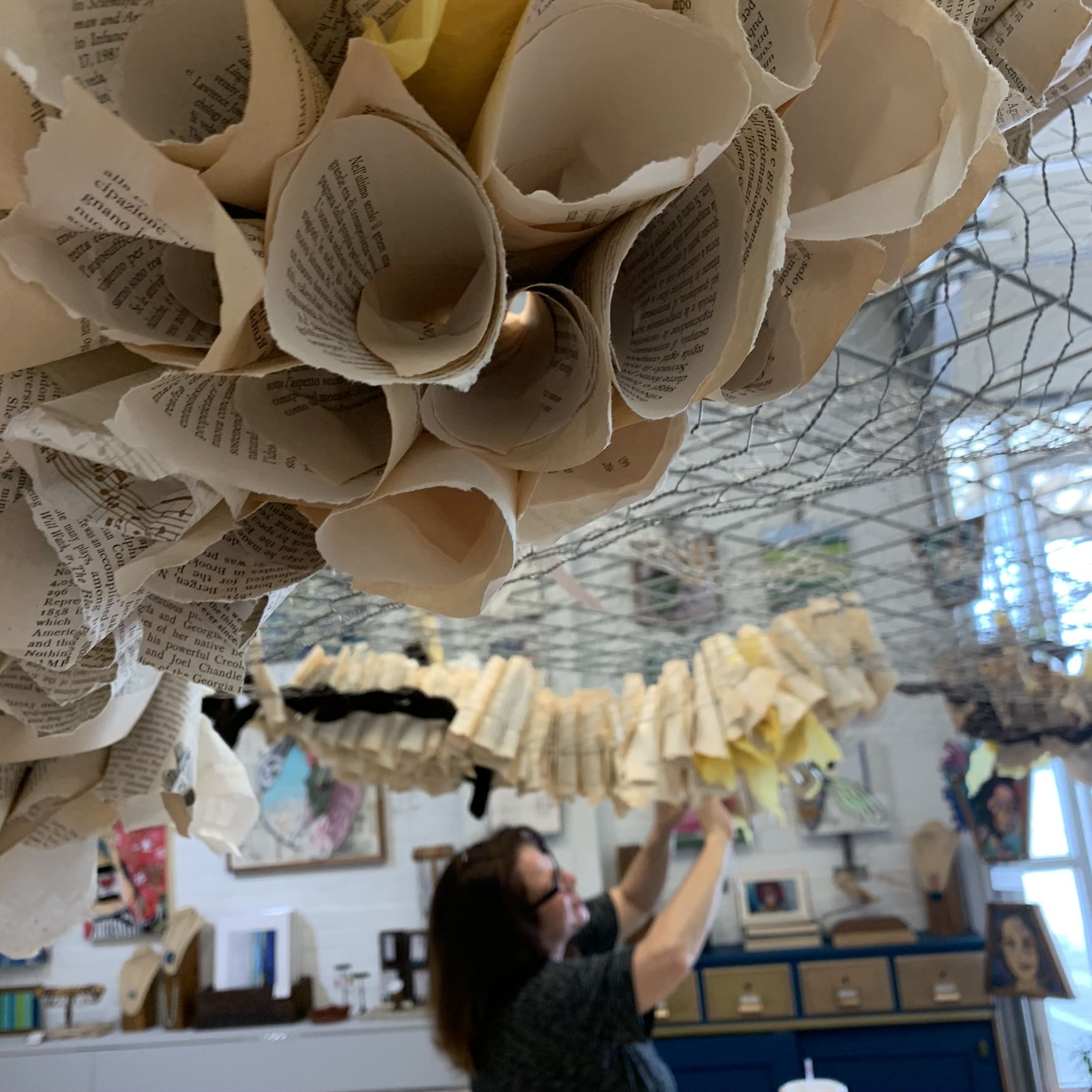 Lisa Morales shapes “The Thought Hive” installation in the studio she shares with collaborator Stacy Gresell at Winter Street (Studio C6). The immersive project opens to the public Saturday, June 13, 2020, at part of Sawyer Yards’ Second Saturdays. June 12, as part of